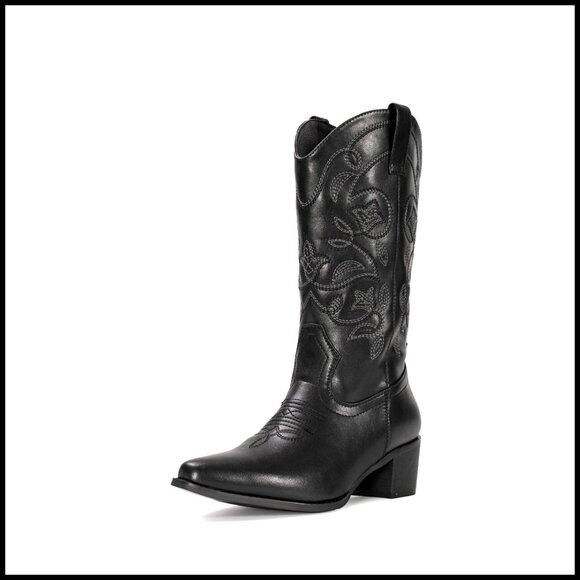 Women's Pointy Toe Western Cowboy Boots Mid Calf with Wooden Heel